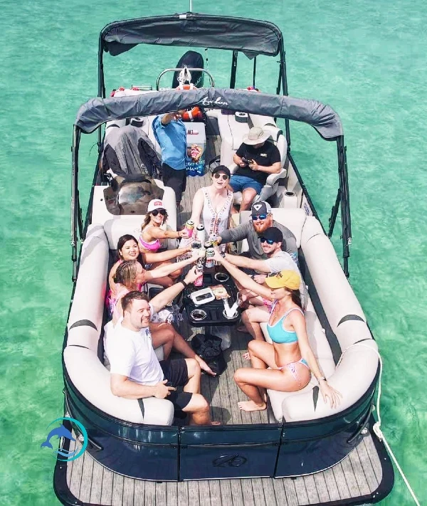 pontoon boat at Crab Island with a large group and captain