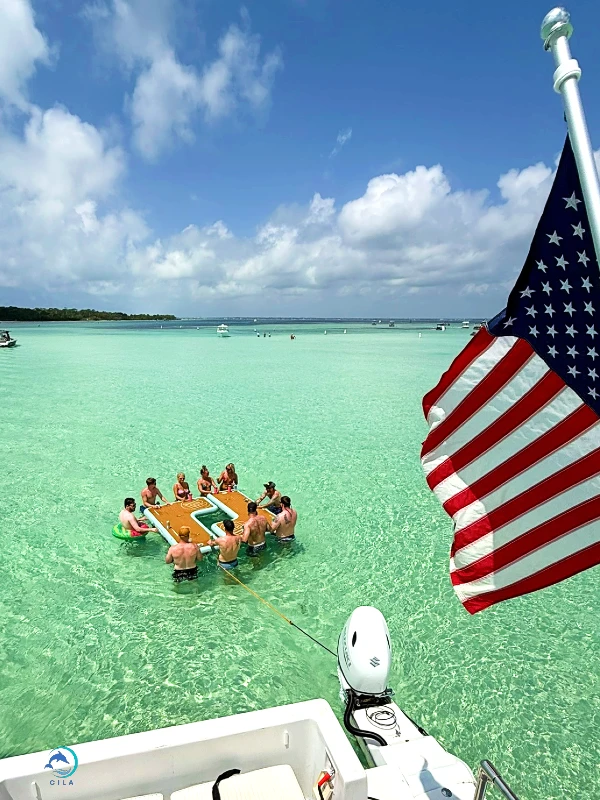 Crab Island party boat with flag