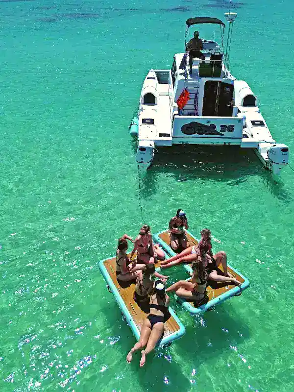 Aerial shot of Yacht at Crab Island in Destin, FL