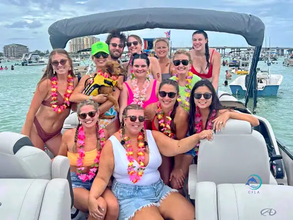 Bachelorette group enjoying Crab Island adventure with friends and family.