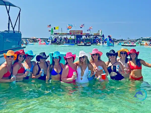 Bright women enjoying Crab Island water adventure in Florida.