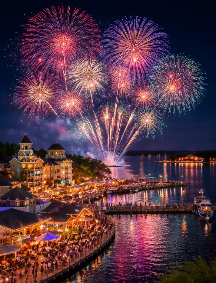 Fireworks display over Baytowne Wharf during a festive night event.
