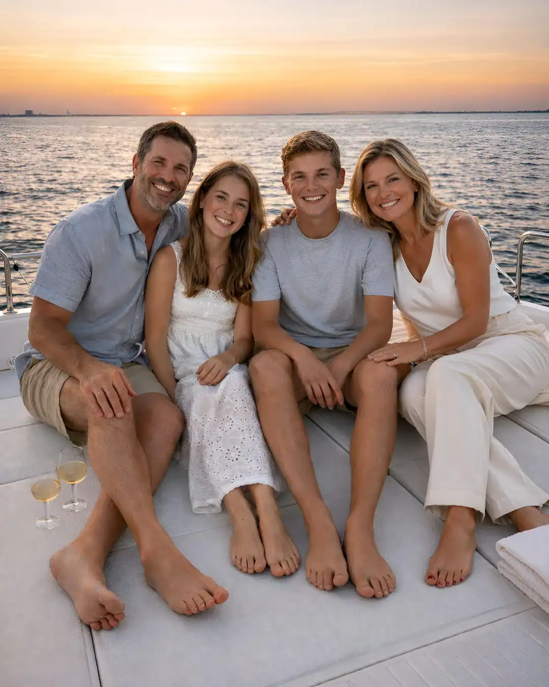 Family sitting on the deck of a yacht during a sunset cruise with Crab Island Luxury Adventures.