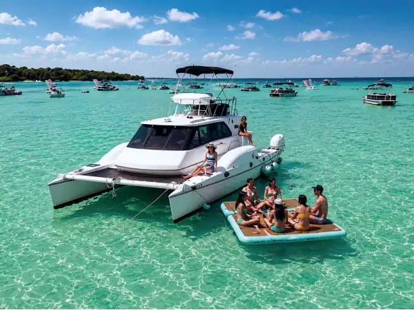 Lady Delana, white catamaran anchored at Crab Island with a group of people on a nearby float in the water.