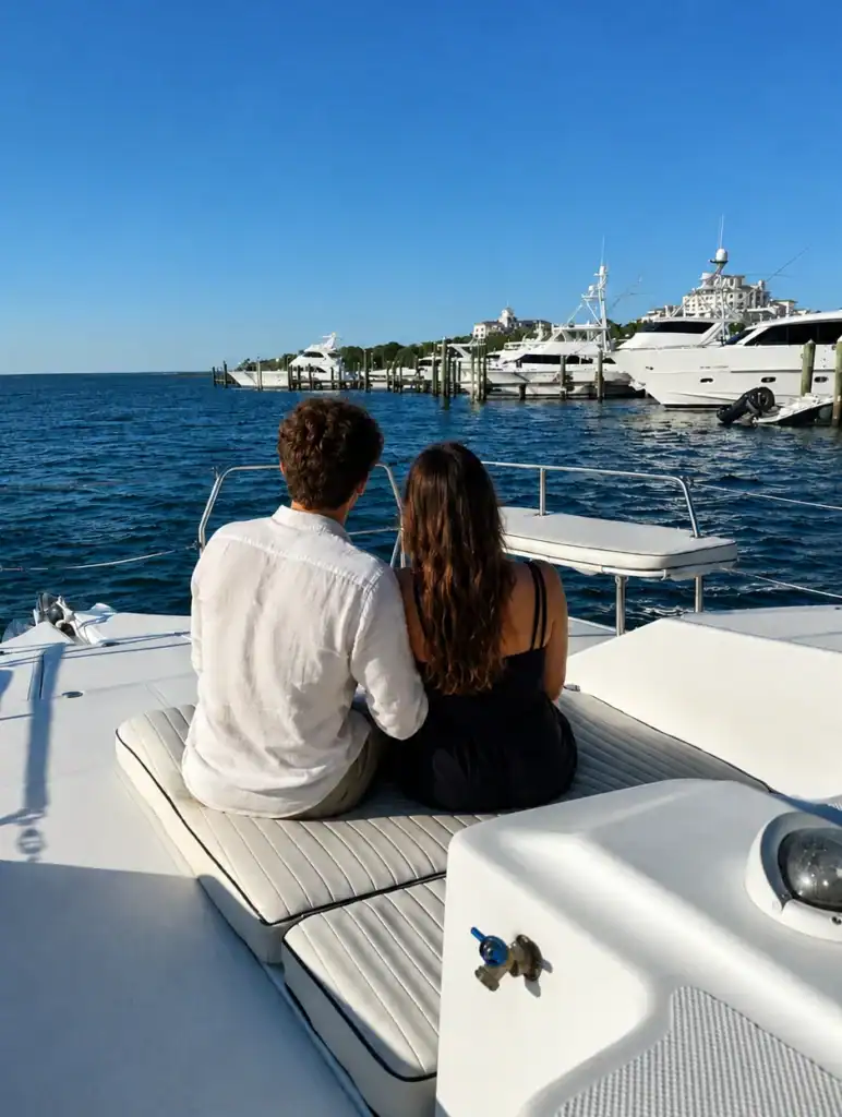 A couple sitting on the deck of a catamaran at Baytowne Marina in Miramar Beach