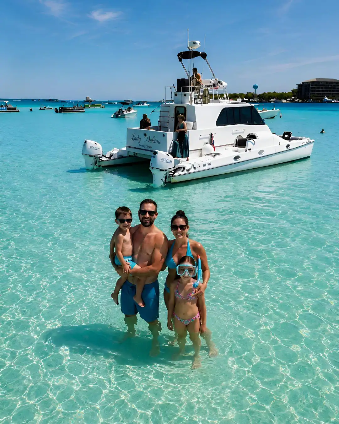 Family standing in front of lady Delana at Crab Island
