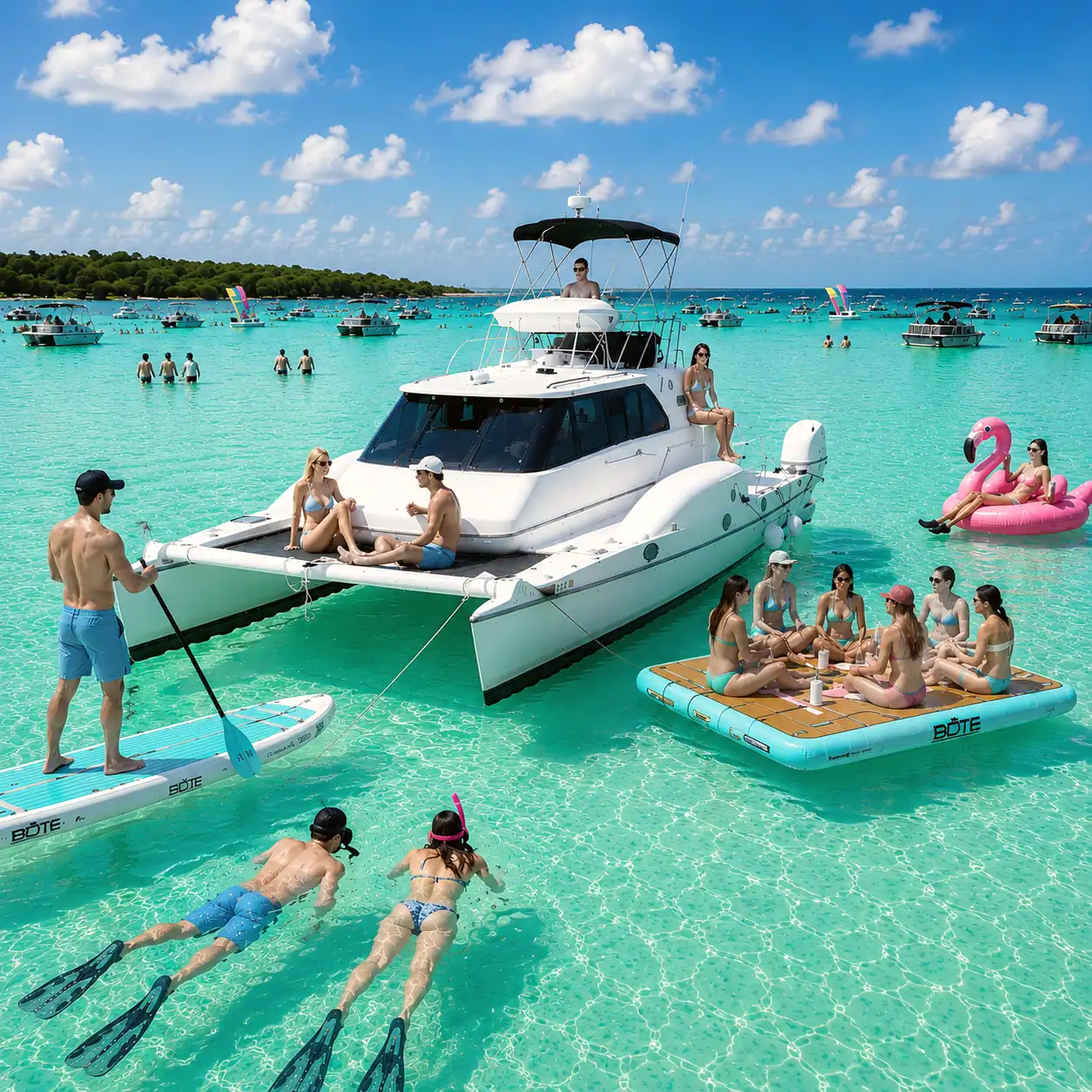 people surrounding a white catamaran at Crab Island. They are swimming, snorkeling, lounging on floats and using a standup paddelboard