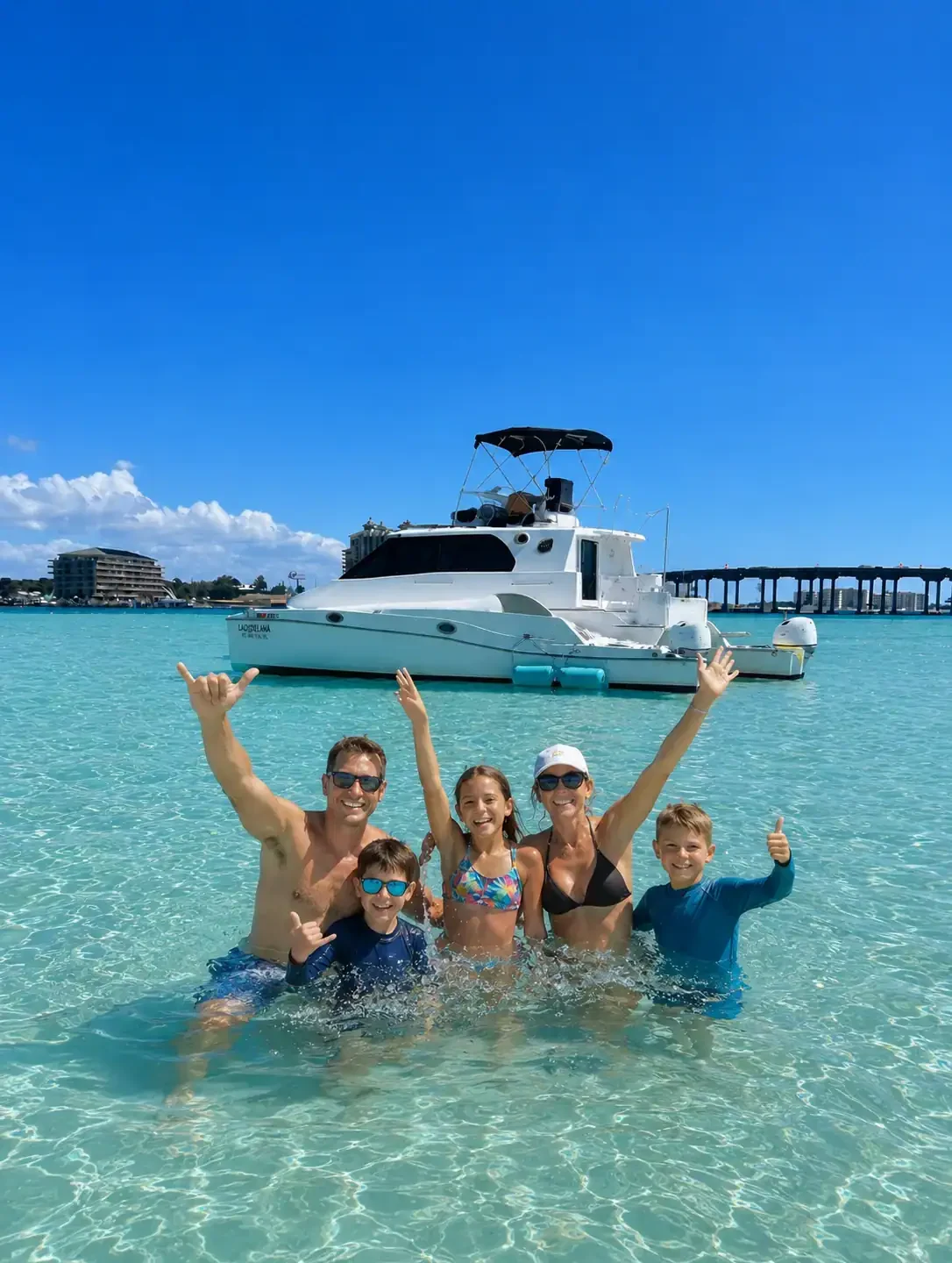 Family at Crab Island in front of the white catamaran Lady Delana