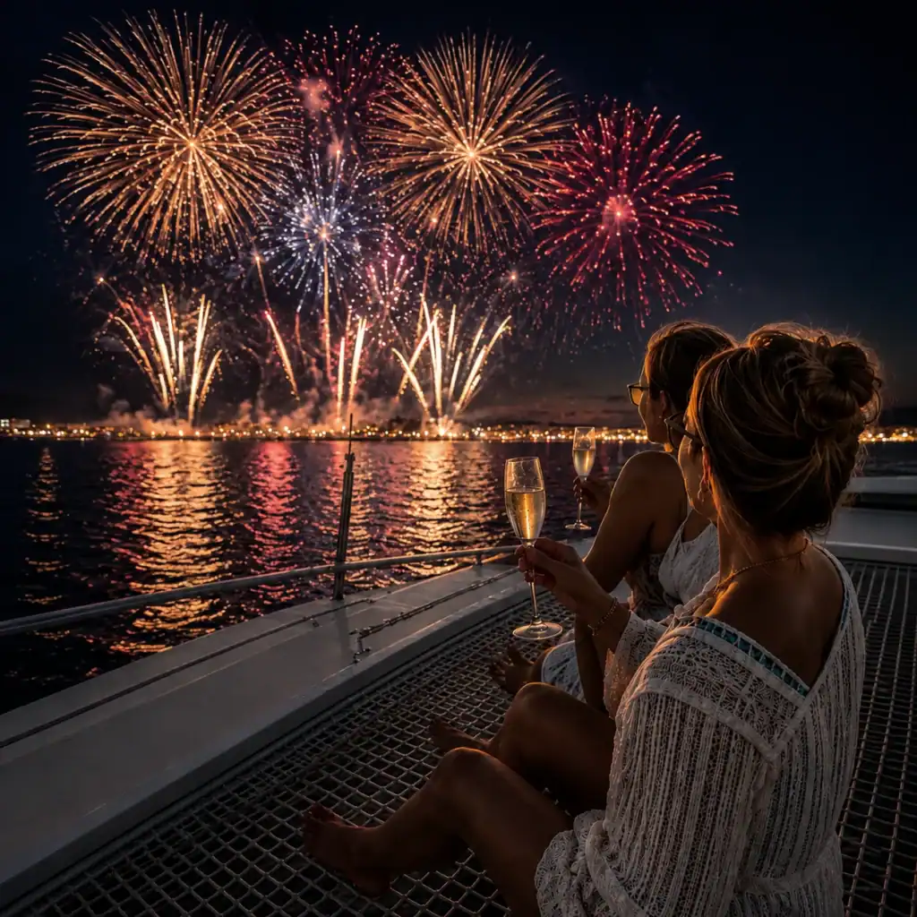 Ladies toasting a fireworks show from the net of a catamaran