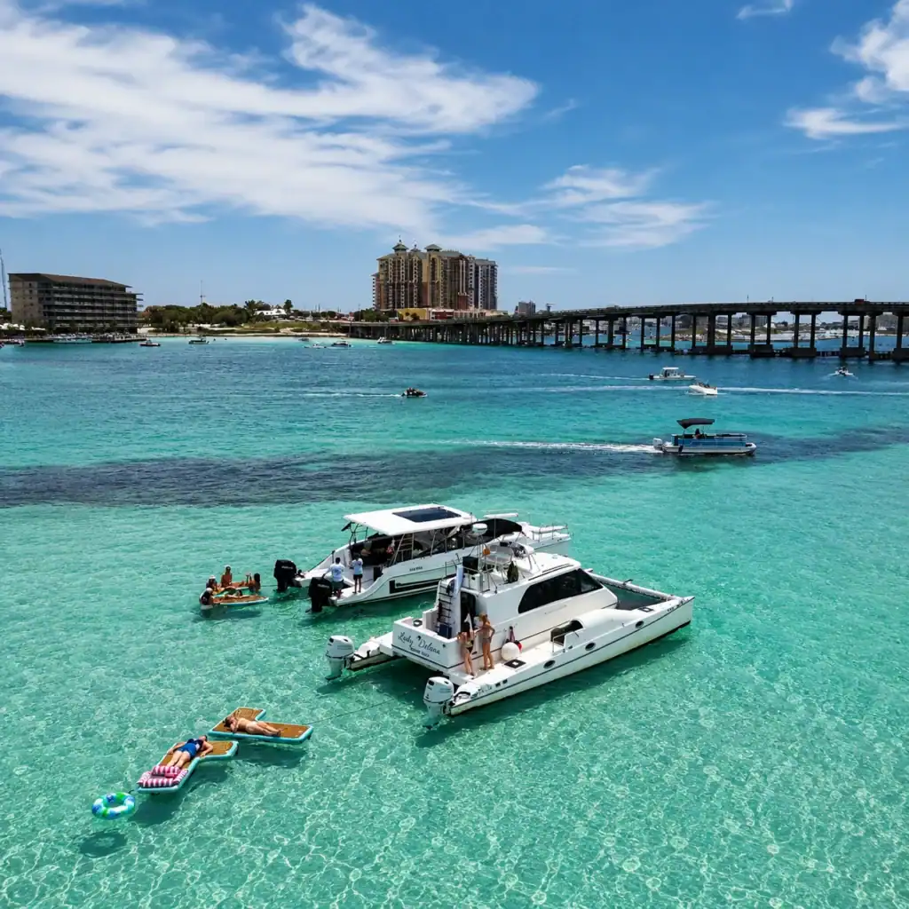 ladies laying on floats at Crab Island in front of two white catamaran boats with the Emerald Grande hotel in the background