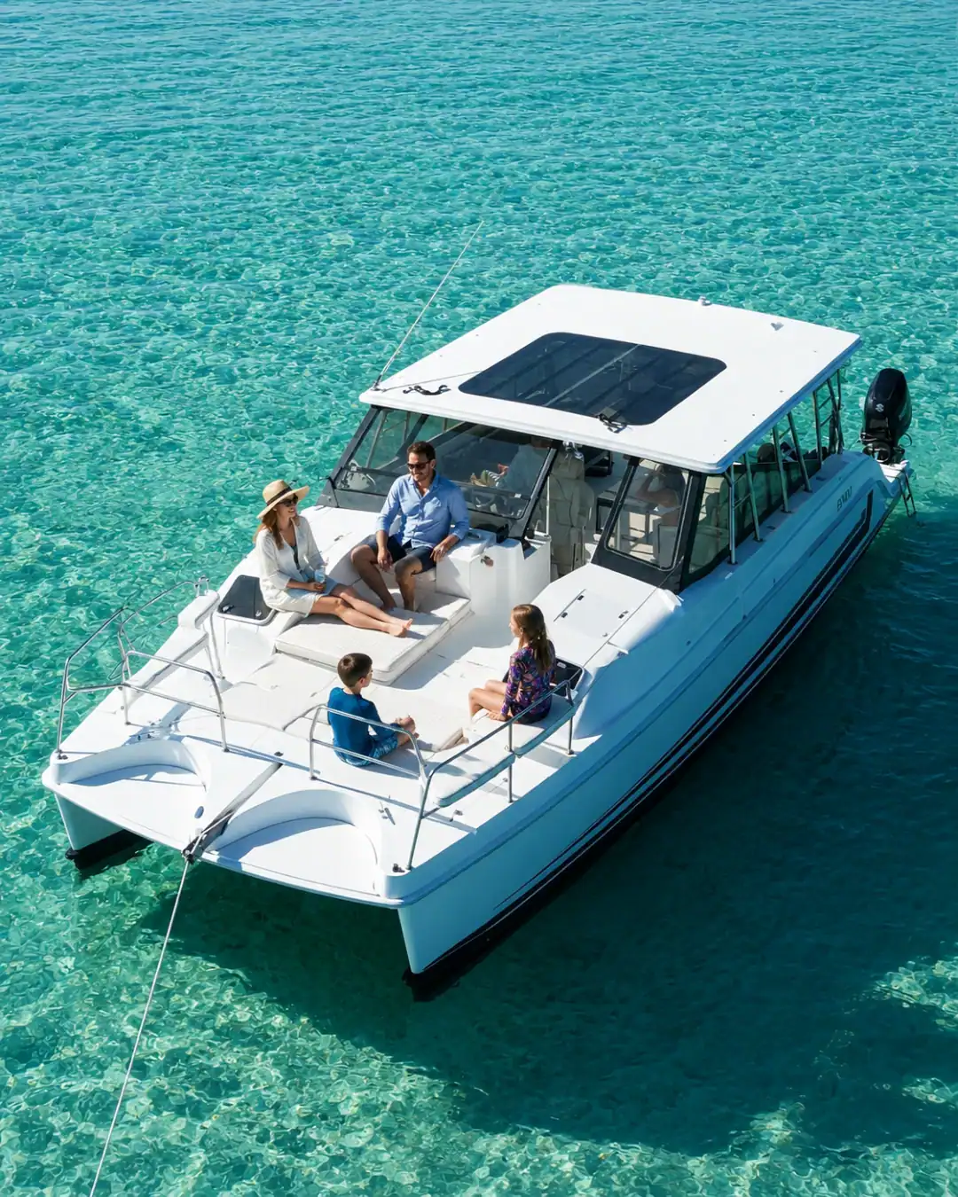 family on catamaran at crab island