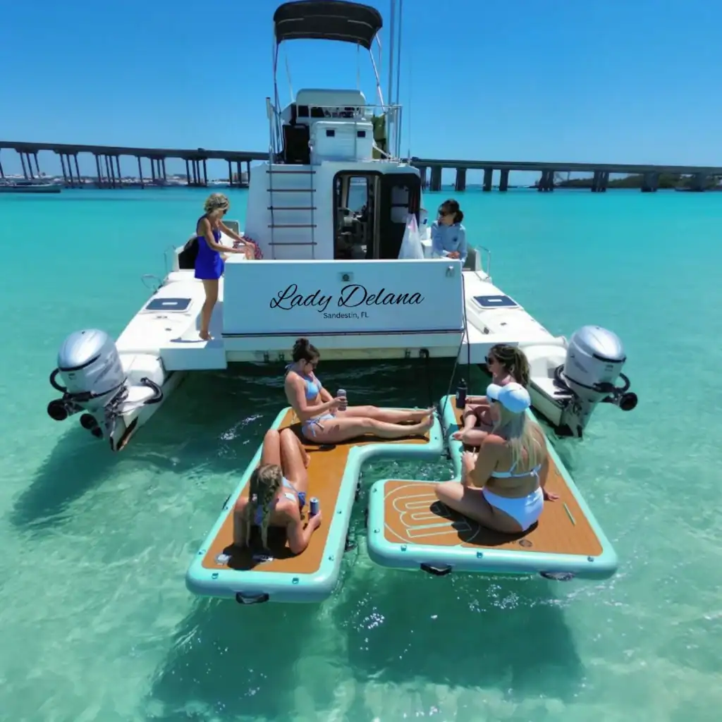 Bachelorettes at Crab Island on Floats behind a white catamaran