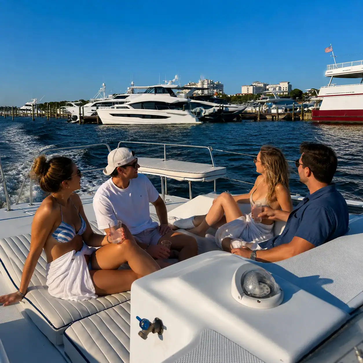 A group of people enjoying drinks as a catamaran departs Baytowne Marina headed out to the bay for a sunset charter