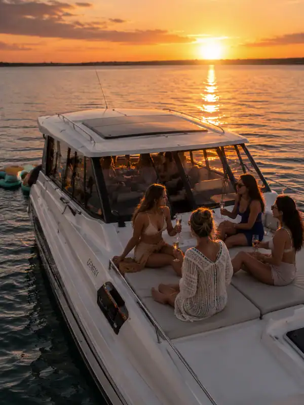 Bachelorettes enjoying a sunset charter on the deck of a catamaran