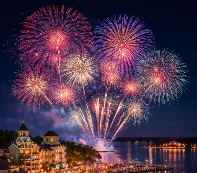 Fireworks at Baytowne Wharf in Miramar Beach with Crab Island Luxury Adventures