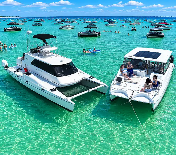 Two white catamarans anchored at Crab Island