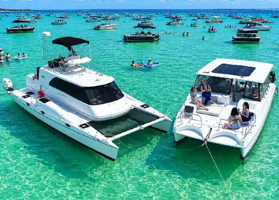white catamarans anchored at Crab Island