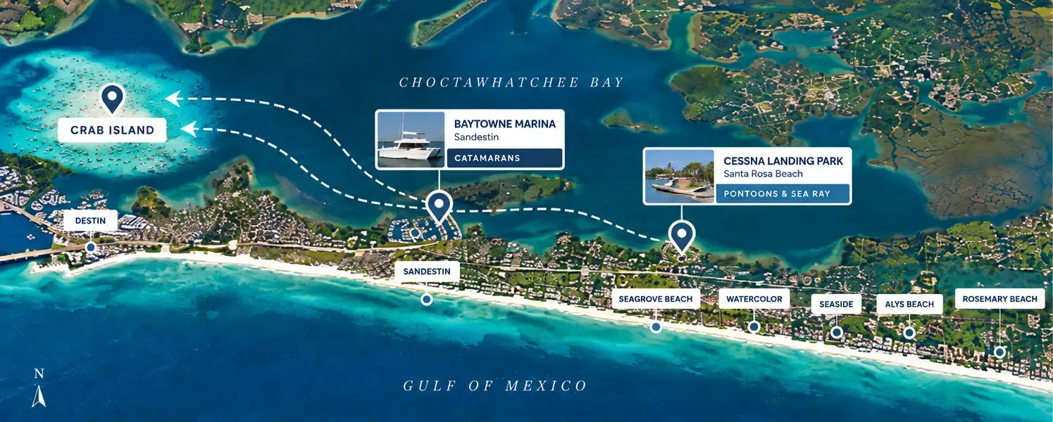 Map of 30A, Baytowne Marina, Sandestin, Miramar Beach, Watercolor, Seaside, and Alys Beach with journey to Crab Island