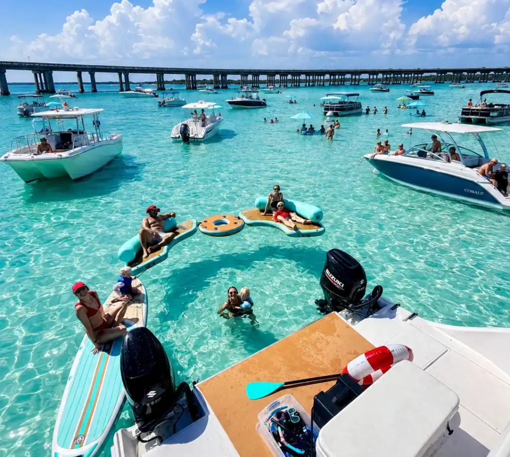 Group at Crab Island enjoying floating in the sun with boats in the background