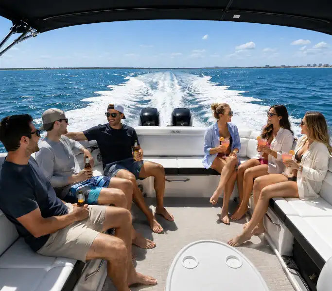 A group of people in the back of a Sea Ray Sport Cruiser on the way to Crab Island from Rosemary Beach